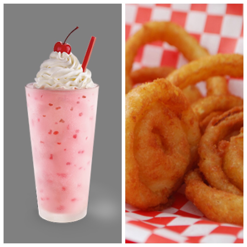 a fAT strawberry shake and some onion rings